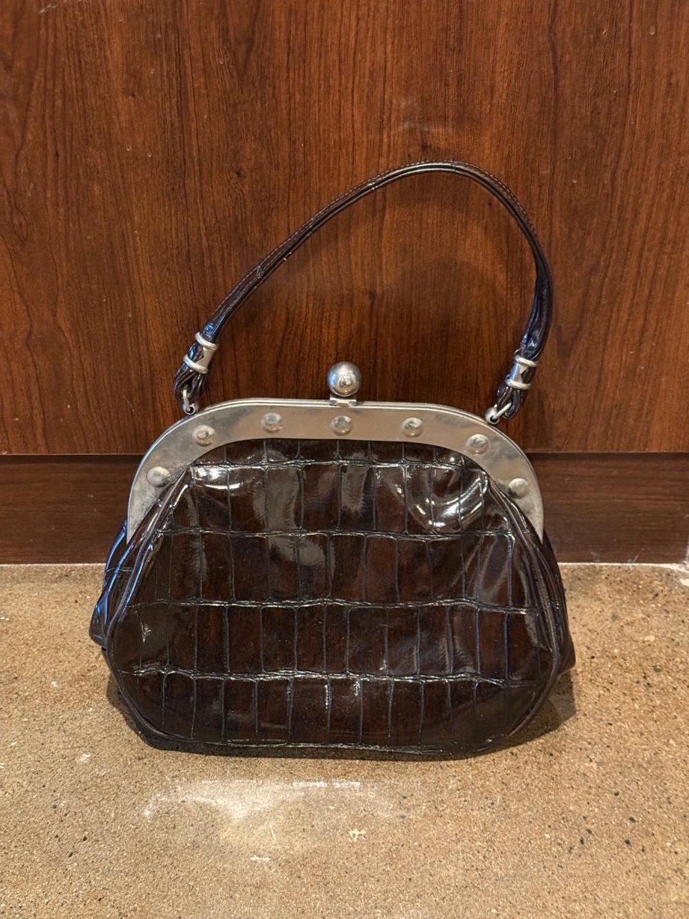 Croc-Embossed Dark Brown Handbag with Silver Kisslock Frame